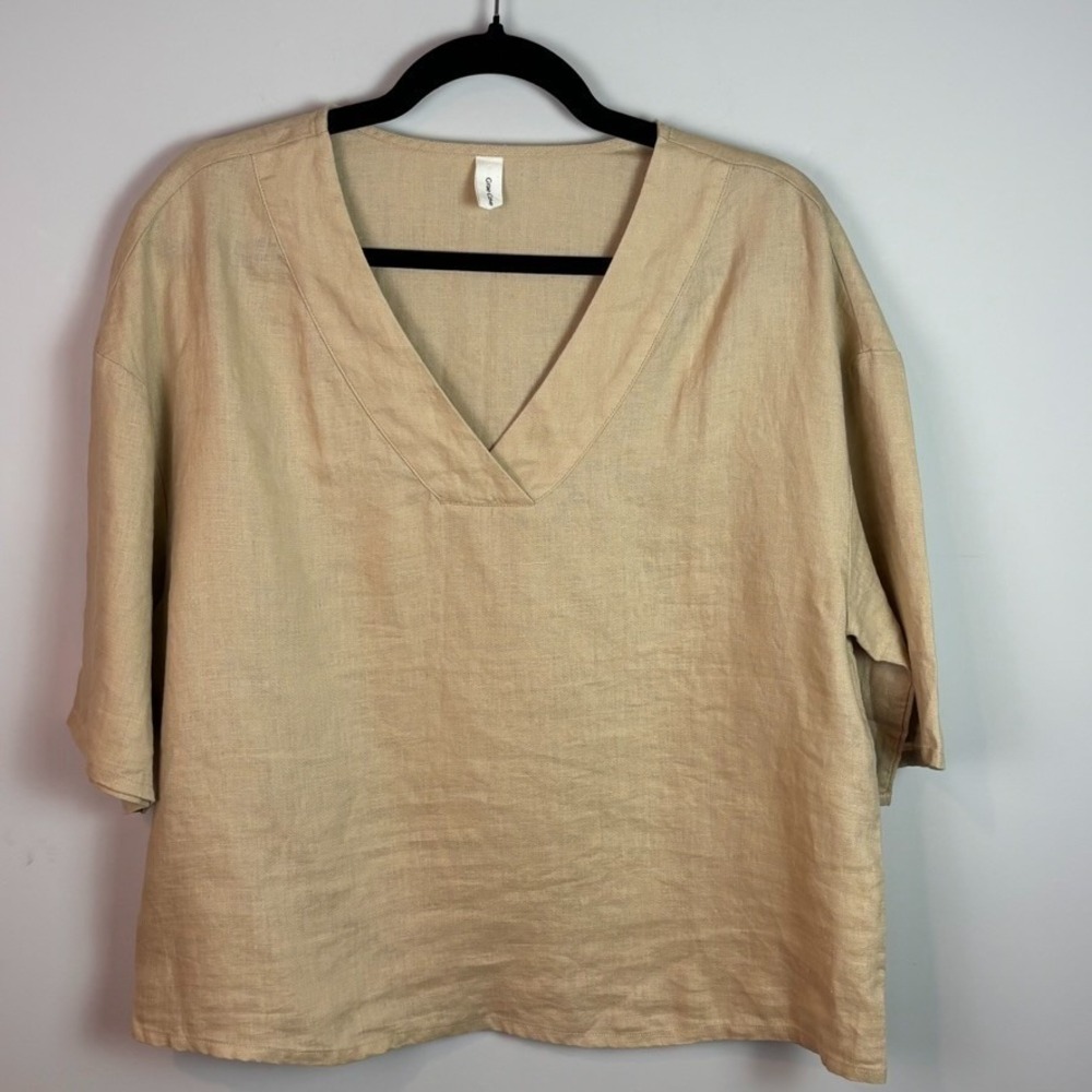 Grae Cove Womens 100% Linen Tan 3/4 Sleeve Blouse Large Boho Summer Minimalist